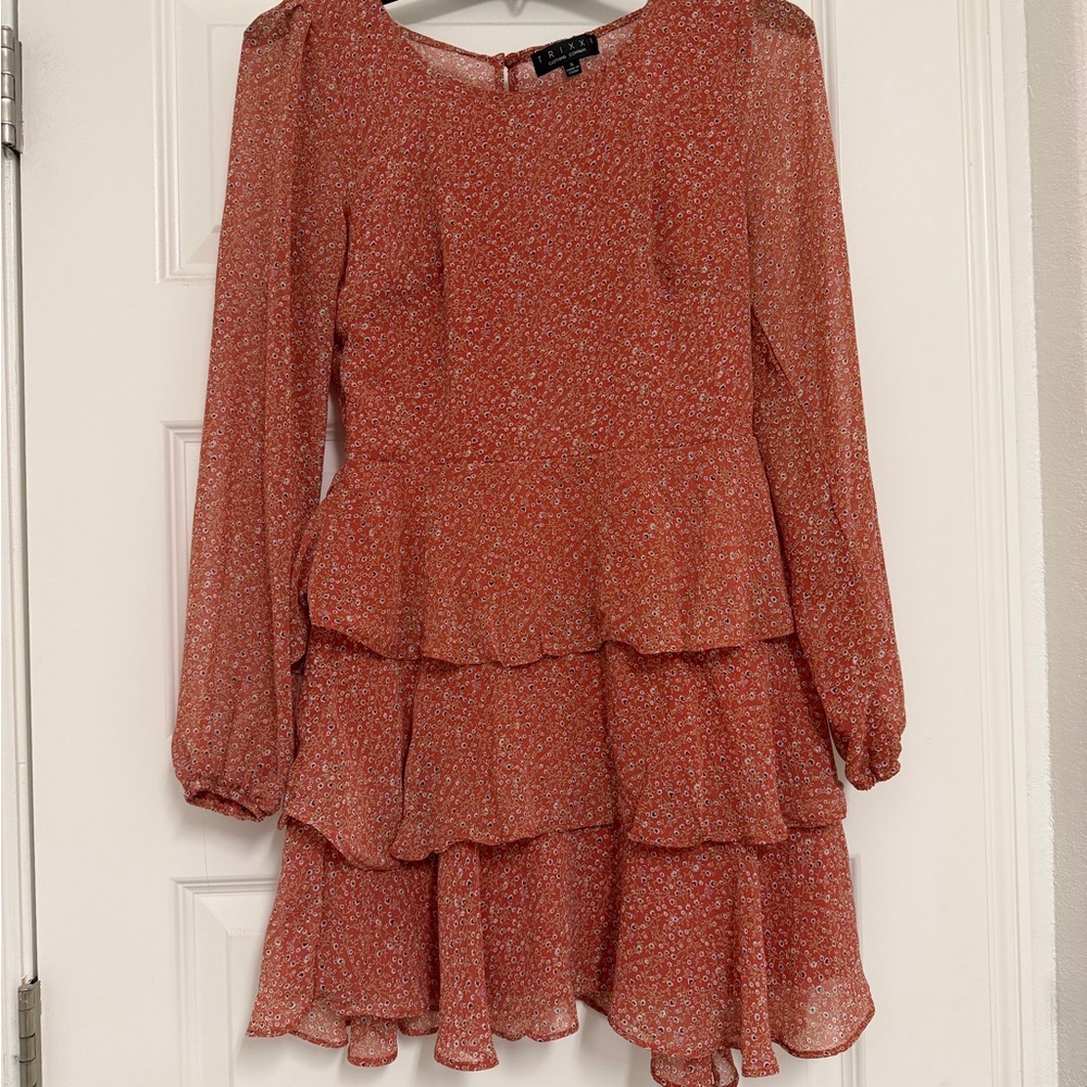 Elegant Rust Long Sleeve Tiered Dress